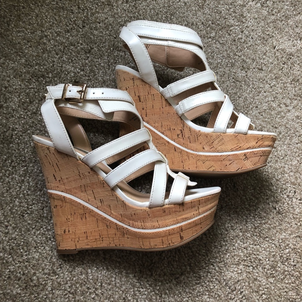 Guess white buckle wedges